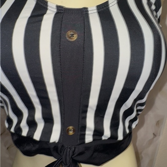 Coral Reef Traveler Tankini Top Black/White Stripe Faux Buttons, Tie Front M - Picture 3 of 12
